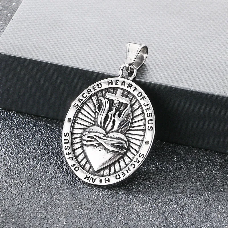 Personalized Double Sided Totem Guardian Talisman Shield Pendant Retro Portrait Cross Sacred Heart Stainless Steel Men's Pendant