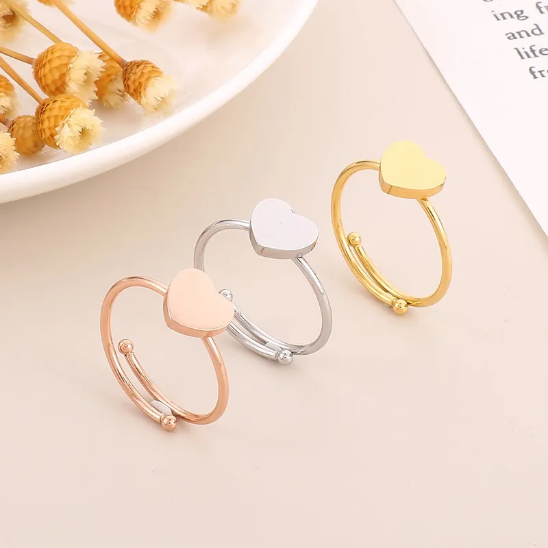 Minimalist Ins Style Stainless Steel Heart-Shaped Adjustable Size Ring for Girls' Accessories