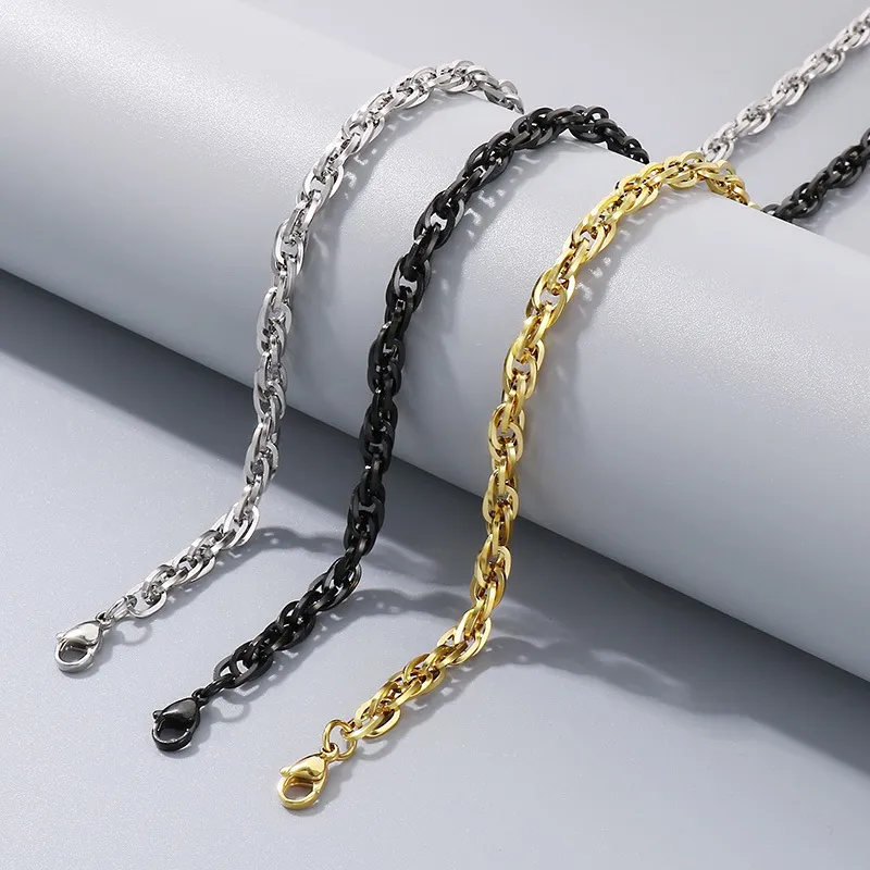 Fashionable and Versatile Plain Chain for Commuting, Ins Trendy Nightclub, Multi-Size Plain Fried Dough Twists Chain, Stainless Steel Necklace for Men and Women