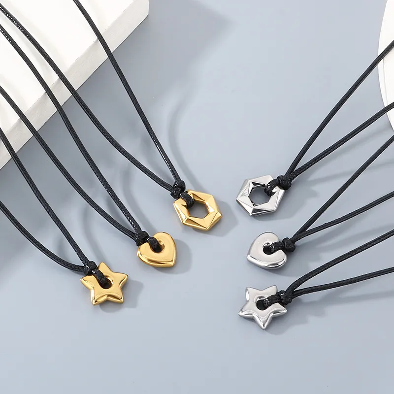 Popular Heart-Shaped Sweater Chain Necklace with Creative Fashion, Wax Rope, Five Pointed Star, Hexagonal Stainless Steel Pendant Necklace