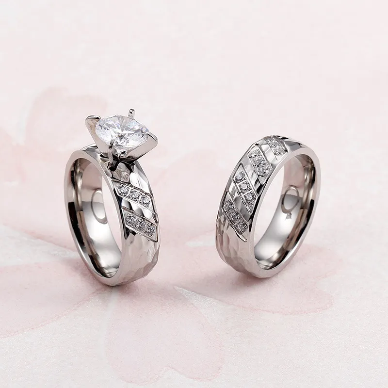 Korean Japanese Stainless Steel Couple's Matching Ring 18K Gold Textured Diamond-Embedded Rings