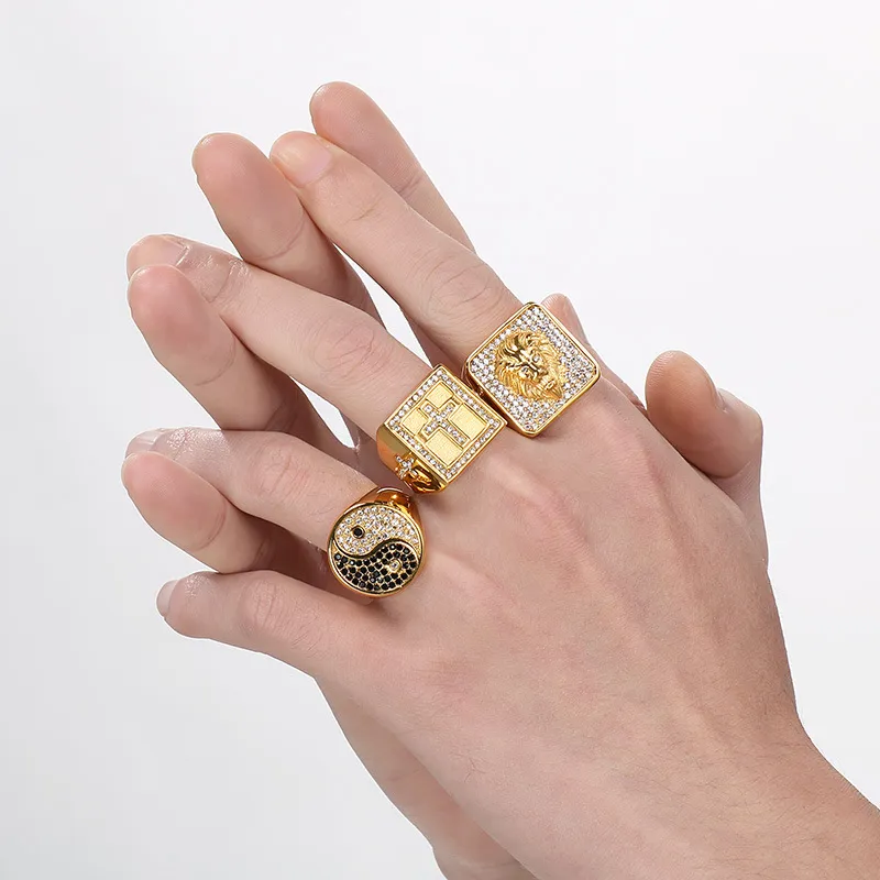 Fashion Lion Head Square Ring Hip Hop Rhinestones Cross Tai Chi Stainless Steel Men's Ring