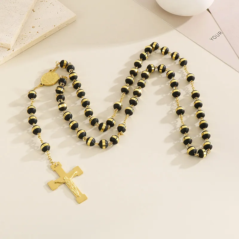 Wholesale European and American Style Trendy 8mm Stainless Steel 18K Gold Cross Necklace Jewelry