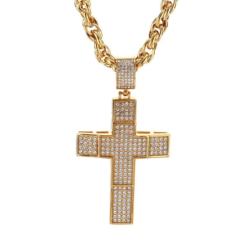 Trendy Fried Dough Twists Chain Hip Hop Full Diamond Double Cross Hollow Pendant Stainless Steel Men's Necklace