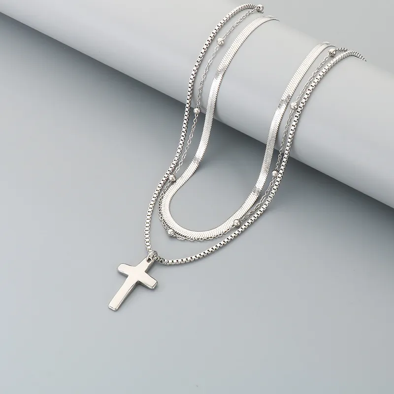 European and American Flat Snake Chain Multi-Layer Chain Necklace Retro Stainless Steel Box Chain Cross Pendant Men's and Women's Necklace