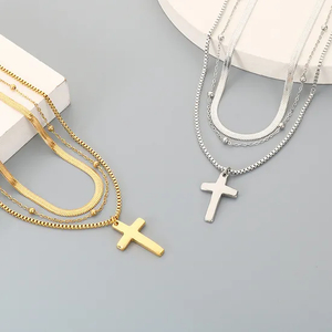 European and American Flat Snake Chain Multi-Layer Chain Necklace Retro Stainless Steel Box Chain Cross Pendant Men's and Women's Necklace