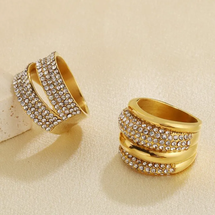 Oversized Diamond-Encrusted Stainless Steel Ring with Unique Geometric Design
