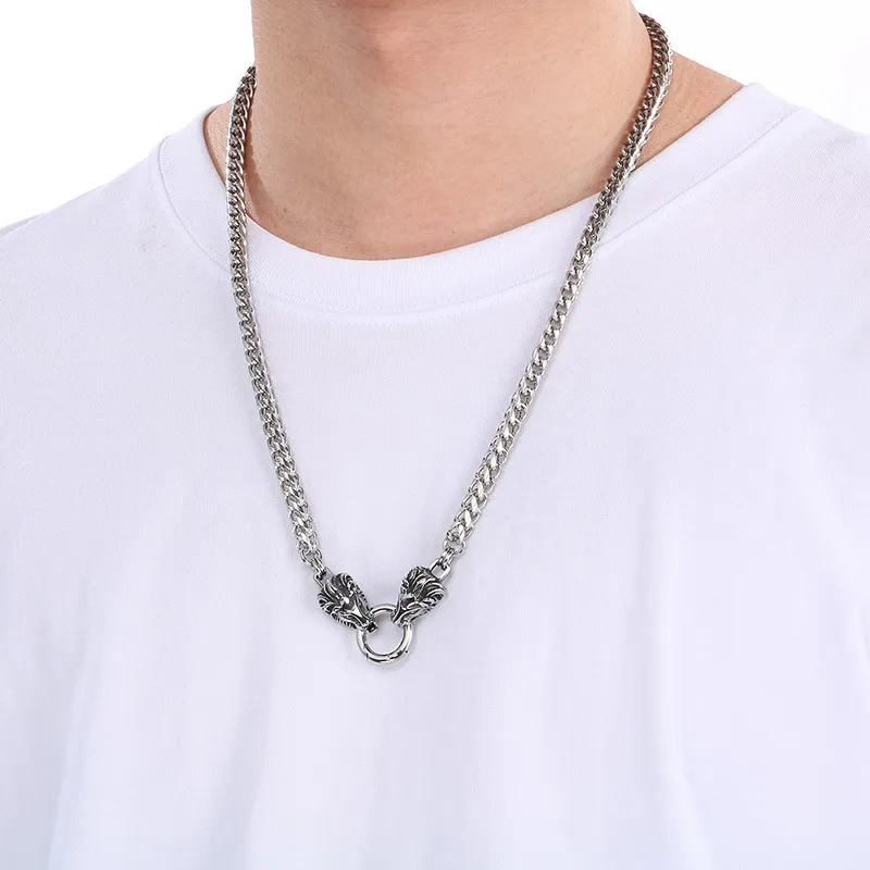 Vintage and Personalized DIY Zodiac Snake Jewelry, Punk Style, Aged Double Dragon Head Ghost Dragon Bone Chain Stainless Steel Men's Necklace