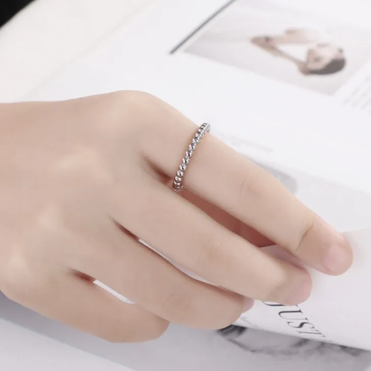 Elegant Openning Beaded Stainless Steel Ring with Water Ripple Design