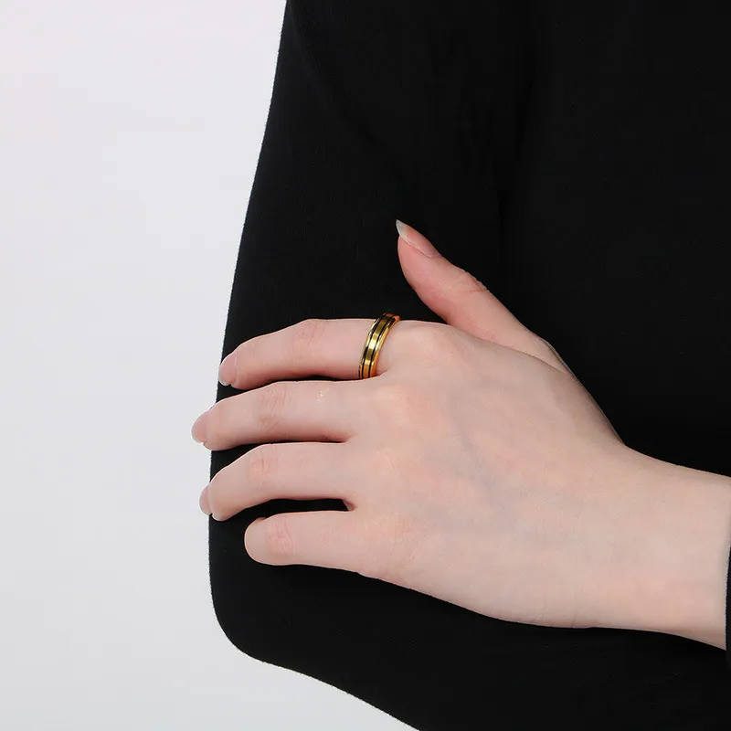 Trendy 18K Gold-Plated Frosted Stainless Steel Couple Rings for Valentine's Day Gifts