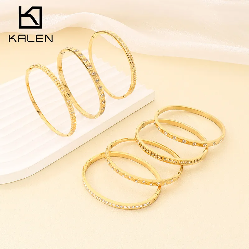 Stylish and Minimalist Stainless Steel Zircon Round Buckle Gold Bracelet Bangles