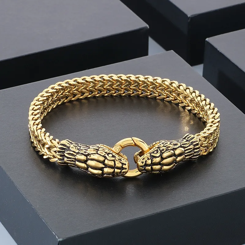 European and American Cold Style Stainless Steel Double Snake Head Bracelet Personalized Retro Trendy Jewelry for Men
