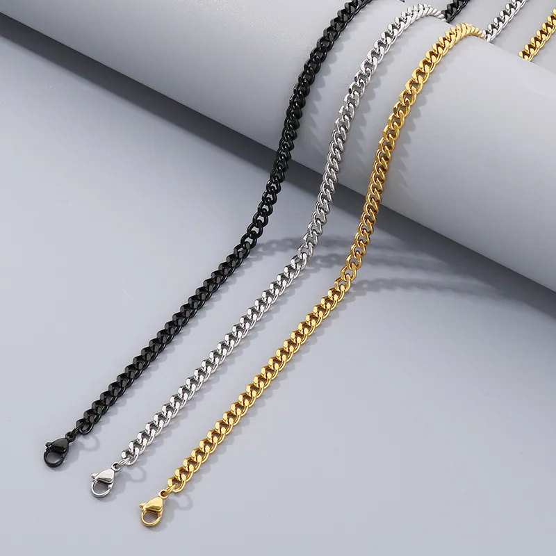 Hip Hop Style Stainless Steel Double-Sided Grinding Multi Size Cuban Chain Lobster Buckle Fashion Bracelet&Necklace Set