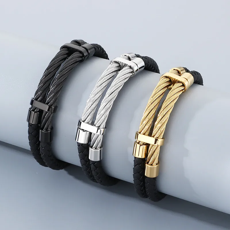 Trendy and Personalized Stainless Steel Wire Woven Double-Layer Leather Rope Bracelet Jewelry