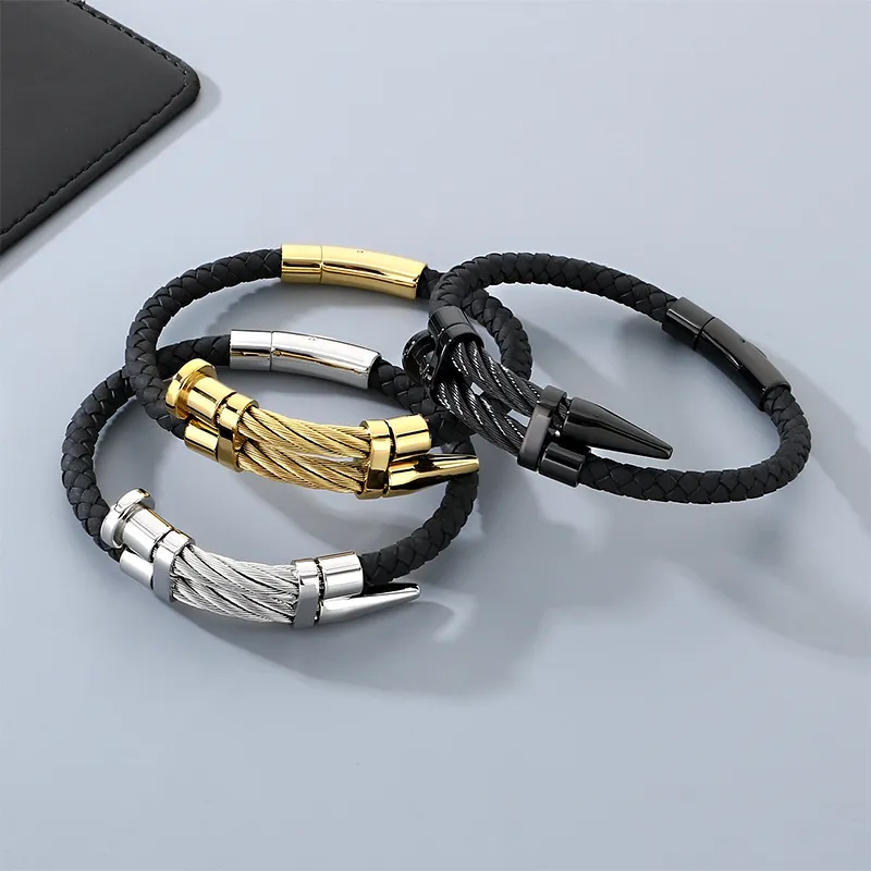 Punk Style Personalized Stainless Steel Nail Head Domineering Men's Leather Bracelet Wholesale