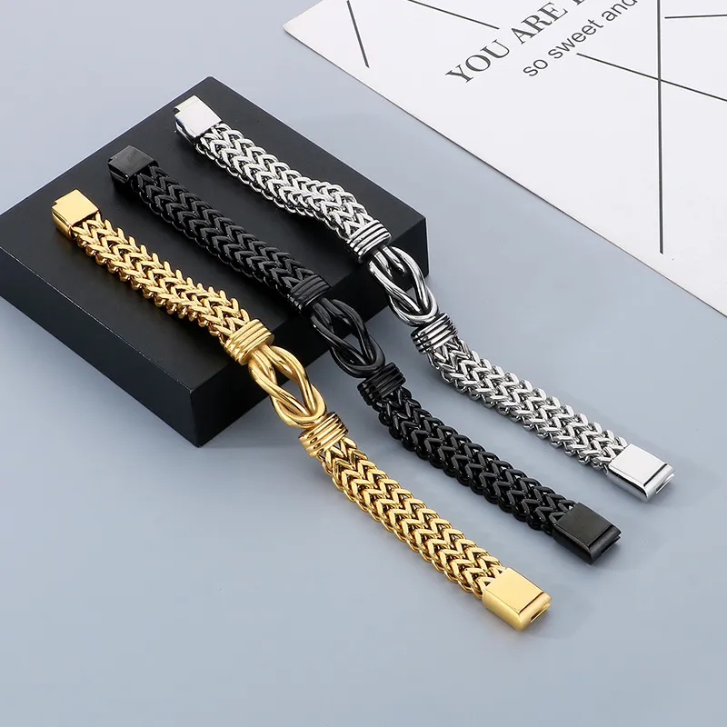 Fashion Stainless Steel Woven Keel Bracelet Boys Personality Hip Hop Retro Fried Dough Twists Knot Bracelet