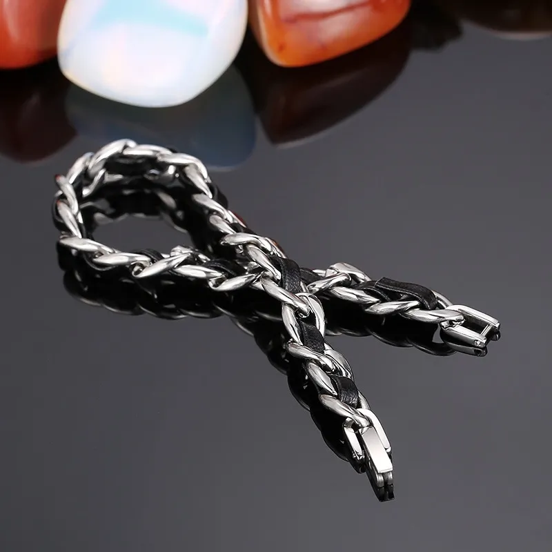 Stainless Steel Nk Chain Paired with Black Leather Bracelet Suitable for Daily Wear