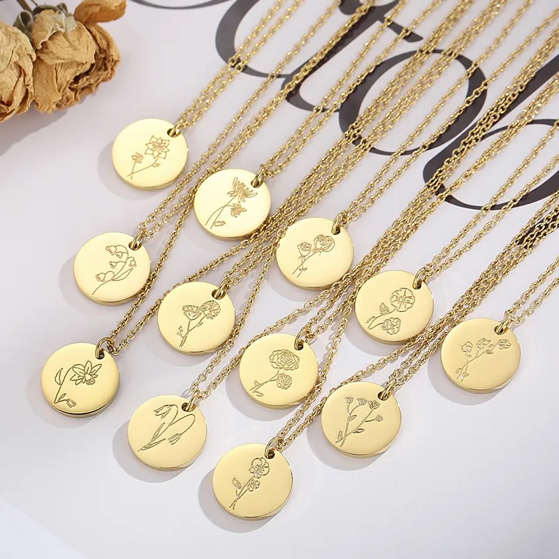Stainless Steel Birth Flower Pendant Necklace for Mother's Day Gift