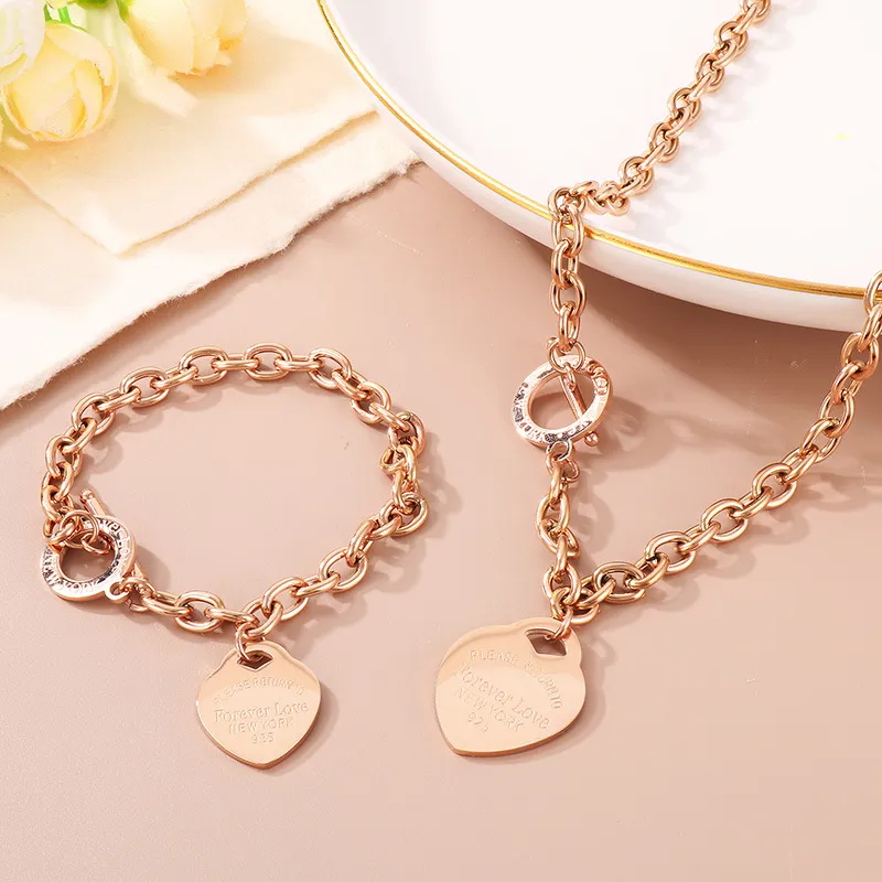 Ins Ot Clasp Heart Bracelet O-Chain Letter Peach Heart Stainless Steel Jewelry Set
