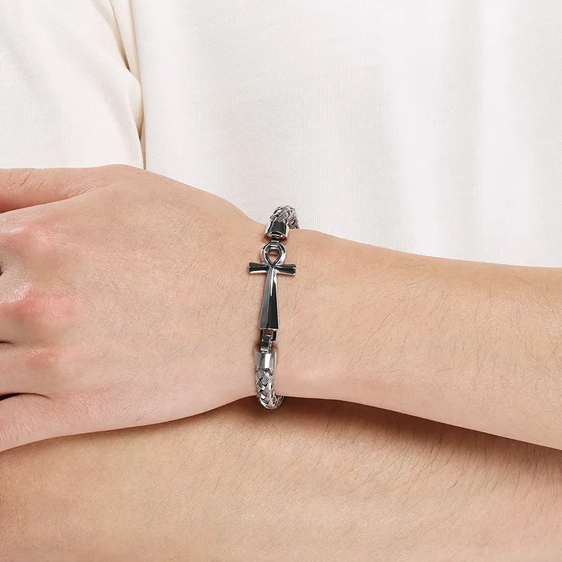 Men's Trendy Stainless Steel Cross Accessories Steel Wire Braided Bangle Jewelry Wholesale
