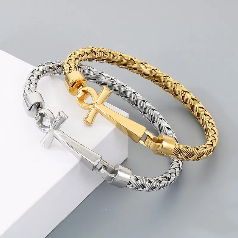 Men's Trendy Stainless Steel Cross Accessories Steel Wire Braided Bangle Jewelry Wholesale