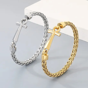 Men's Trendy Stainless Steel Cross Accessories Steel Wire Braided Bangle Jewelry Wholesale