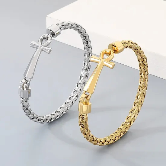 Men's Trendy Stainless Steel Cross Accessories Steel Wire Braided Bangle Jewelry Wholesale
