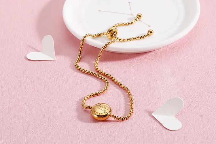 12 Zodiac Signs Stainless Steel Diamond-Embedded Gold Bracelet Adjustable Jewelry