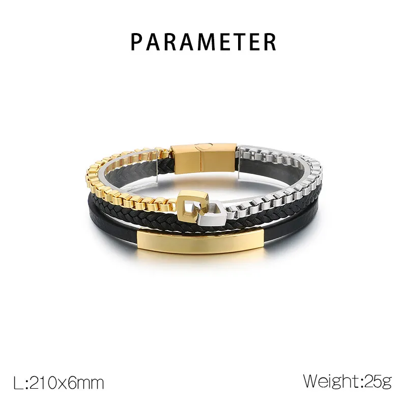 Stainless Steel Chain Leather Rope Woven Bracelet Multi-Layer Woven Leather Bracelet Popular Magnetic Buckle Bracelet