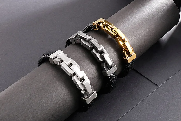 European and American Style Stainless Steel Chain Splicing Leather Jewelry Men's Bracelet