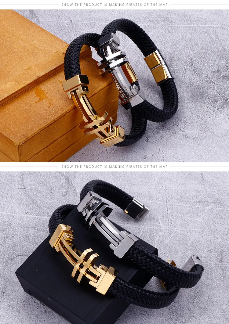 European and American Style Stainless Steel Cross Bracelet Woven Men's Leather Jewelry