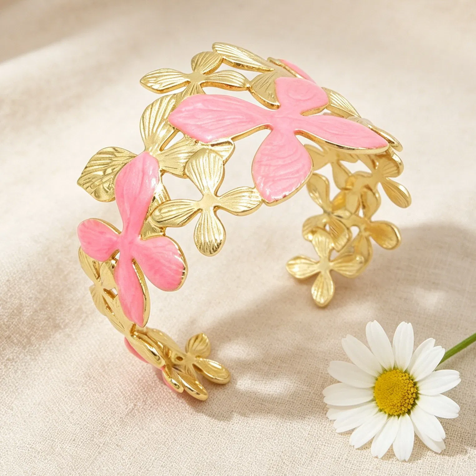 Exaggerated Women's Flower Style Stainless Steel Drip Oil Opening Bangle
