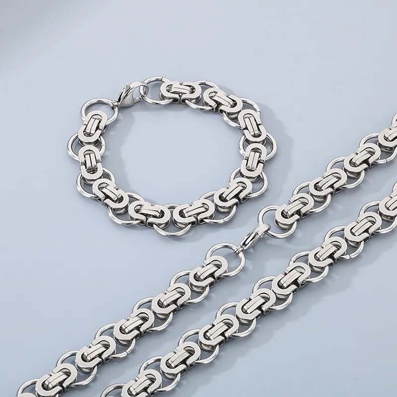 Personalized Hip-Hop Style Rock Emperor Chain Circle Bracelet, Trendy Byzantine Flat Stainless Steel Men's Necklace Set