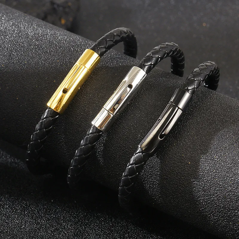 Men's Personalized Leather Rope Weaving Bracelet Stainless Steel Snap Button Trendy Men's Simple Plain Circle Bracelet