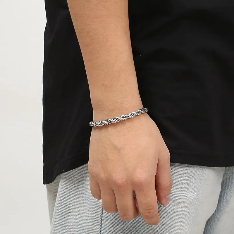 Hip Hop Men's Bracelet Gold Plated 18K Fried Dough Twists Chain Stainless Steel Braided Twisted Rope Bracelet