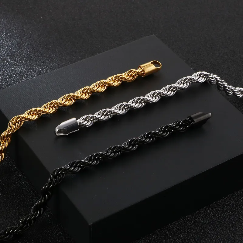 Hip Hop Men's Bracelet Gold Plated 18K Fried Dough Twists Chain Stainless Steel Braided Twisted Rope Bracelet