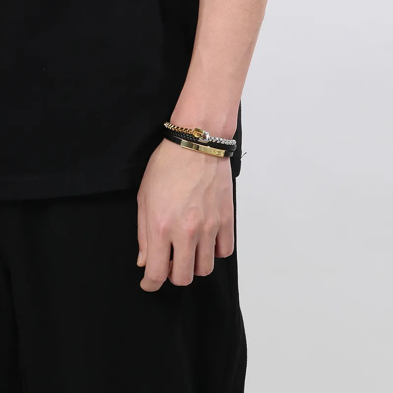 Stainless Steel Chain Leather Rope Woven Bracelet Multi-Layer Woven Leather Bracelet Popular Magnetic Buckle Bracelet