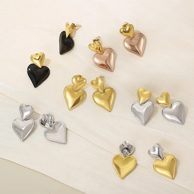 Women Gold Plated Stainless Steel Double Heart Earrings Luxury Hypoallergenic Earrings