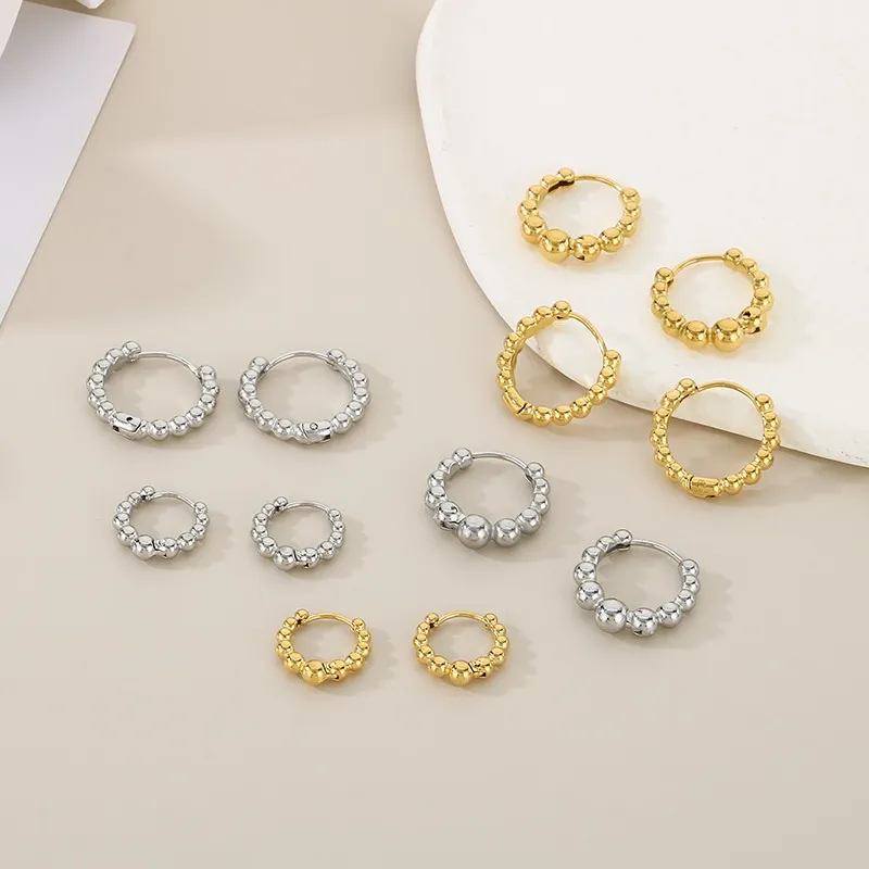 Fashionable and High-End Women's Jewelry Stainless Steel Creative Size Round Bead Circle Earrings