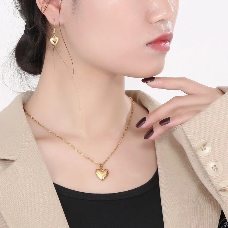 Minimalist Style Stainless Steel Heart-Shaped Pendant Earrings Necklace Set Jewelry Women's Accessories