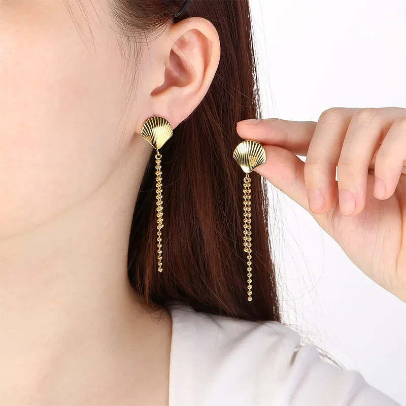 Ins Metal Shell Pearl Tassel Stainless Steel Earrings European Summer Vacation Jewelry Women