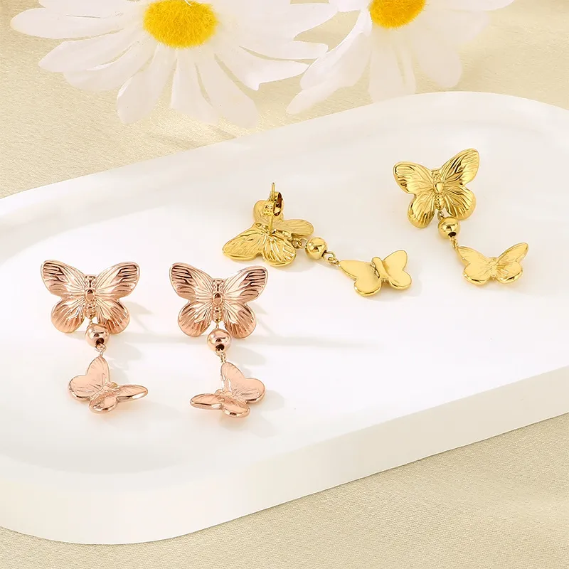 Luxury Double Layer Textured Butterfly Stainless Steel Earrings Unique Jewelry