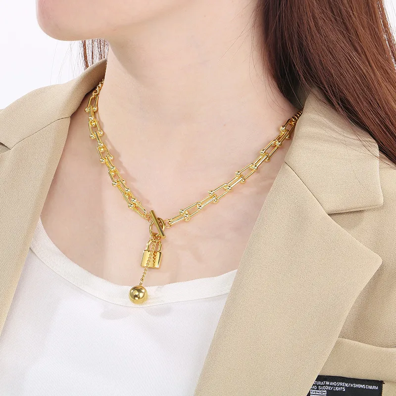 Hip-Hop Ball Padlock Gender-Neutral Sweater Chain Beaded Stainless Steel Jewelry Set Wholesale