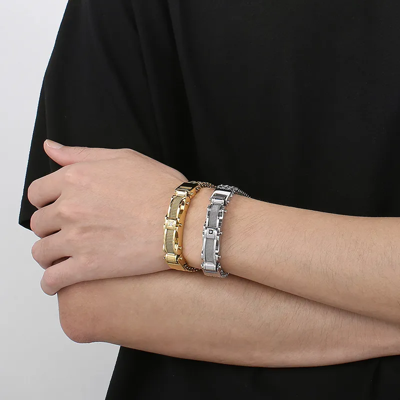 Fashion Creative Chain Stainless Steel Men's Magnetic Buckle Gold Plated Zircon Bracelet