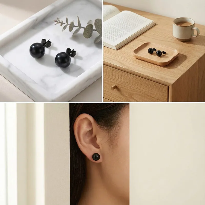 Round Beaded Stainless Steel Stud Earrings Available in Various Sizes and Colors