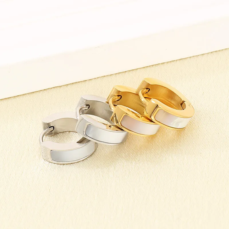 Korean Japanese Smooth Shell Inlaid Flat Stainless Steel Huggie Earrings Trendy Elegant Earrings Wholesale