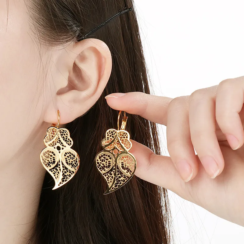 Hollow Metal Heart Leaf Stainless Steel Earrings Vintage Ethnic Water Drop Jewelry Women