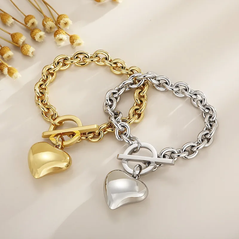 Simple Love Necklace Bracelet Stainless Steel Hollow Peach Heart Jewelry Set