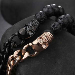 Fashion Punk Stainless Steel Skeleton Buddhist Volcanic Rock Beaded Bracelet