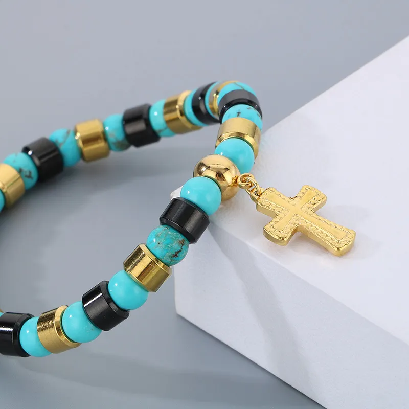 Bohemian Ins Style Colorful Turquoise Men's and Women's Bead Bracelets, Niche Design, Personalized Cross Titanium Steel Bracelet
